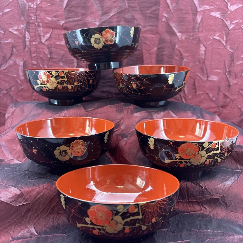 Japanese Lacquerware Bowls Soup Rice Noodles Red Black Gold Floral Miso Japan - Picture 2 of 16